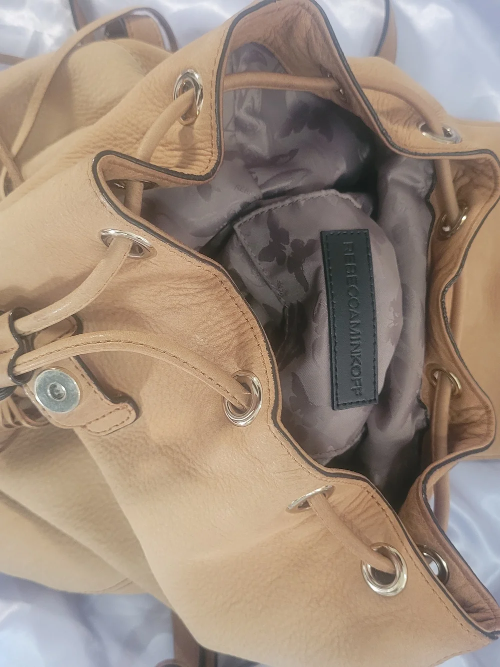 Rebecca Minkoff Tan Leather Drawstring Backpack with Tassel